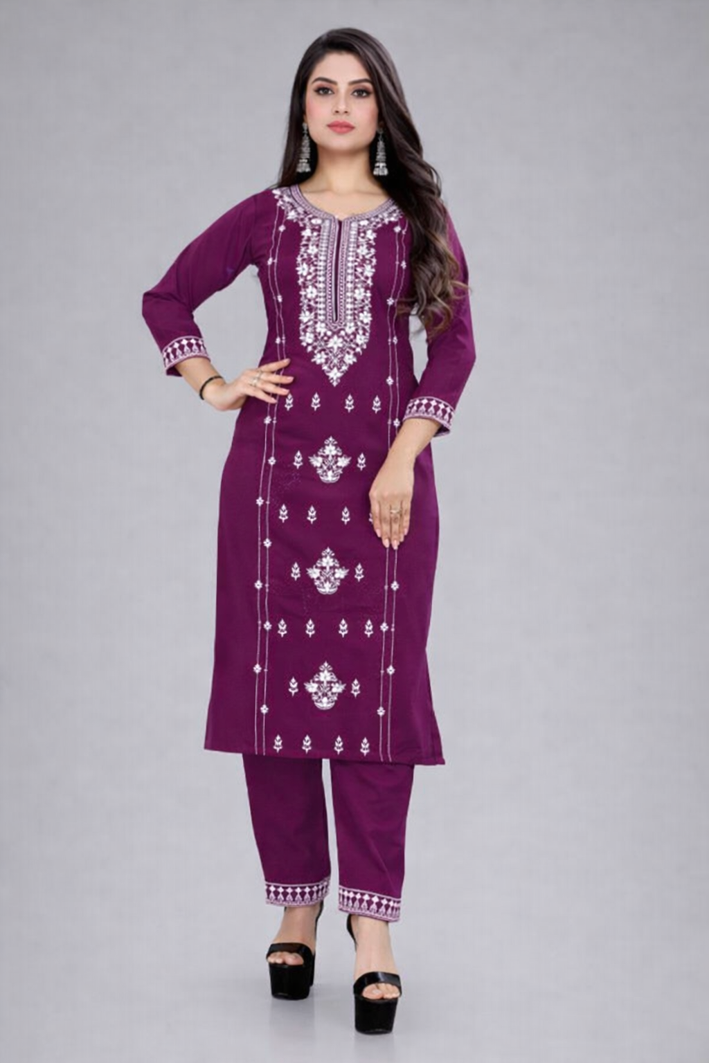 Floral Nova Women Purple Embroidered Cotton Blend Kurti Pant Set | A-Line Round Neck Daily Wear Kurta Set
