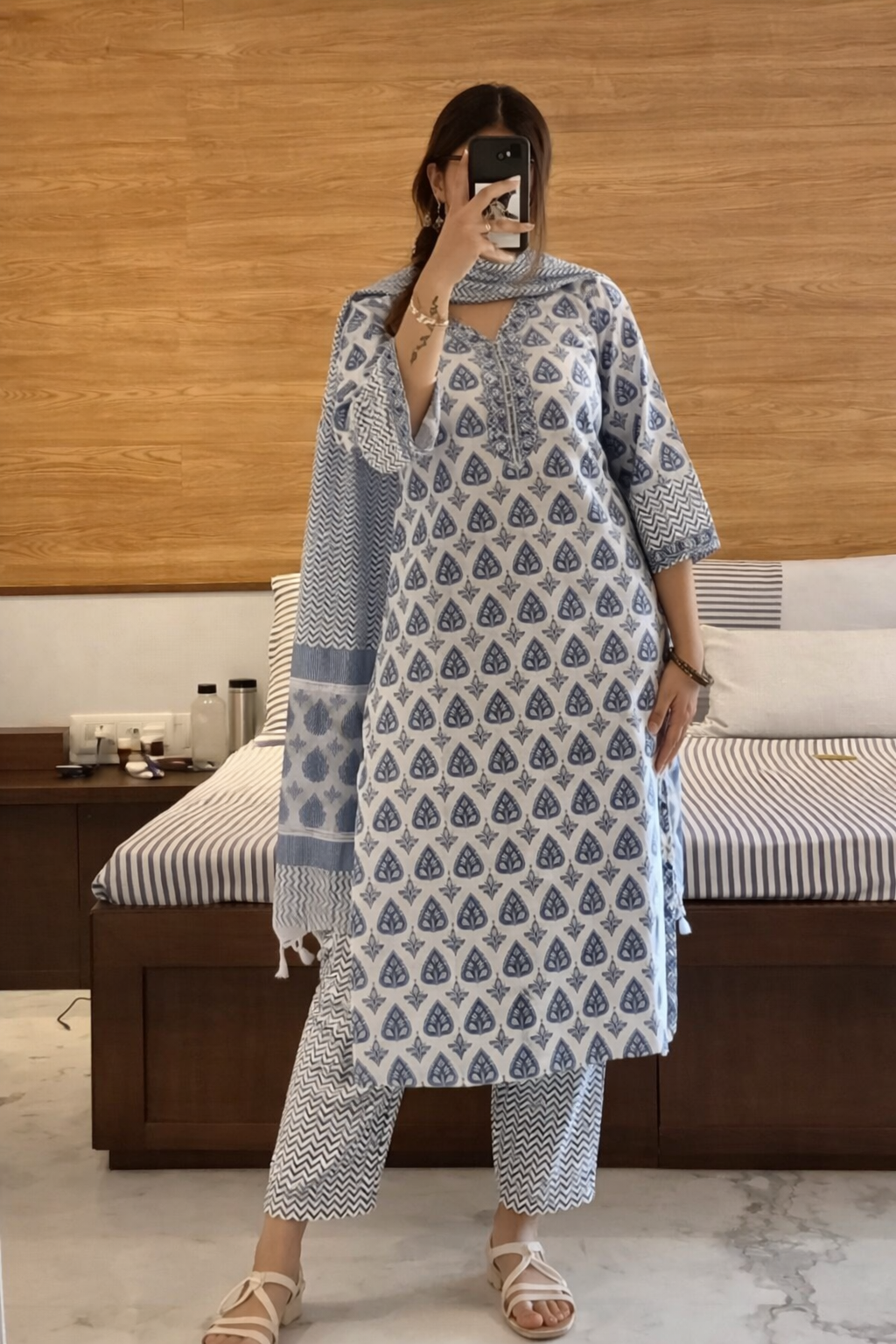 Floral Nova Women Blue Floral Cotton Kurti Pant Dupatta Set | A-Line Printed Daily Wear Ethnic Kurta Set (Pack of 3)