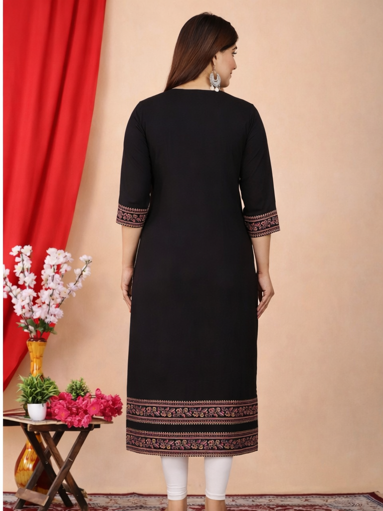 Floral Nova Women’s Black Embroidered Cotton Kurti | Elegant Straight Fit Ethnic Kurta for Office, Festive & Daily Wear