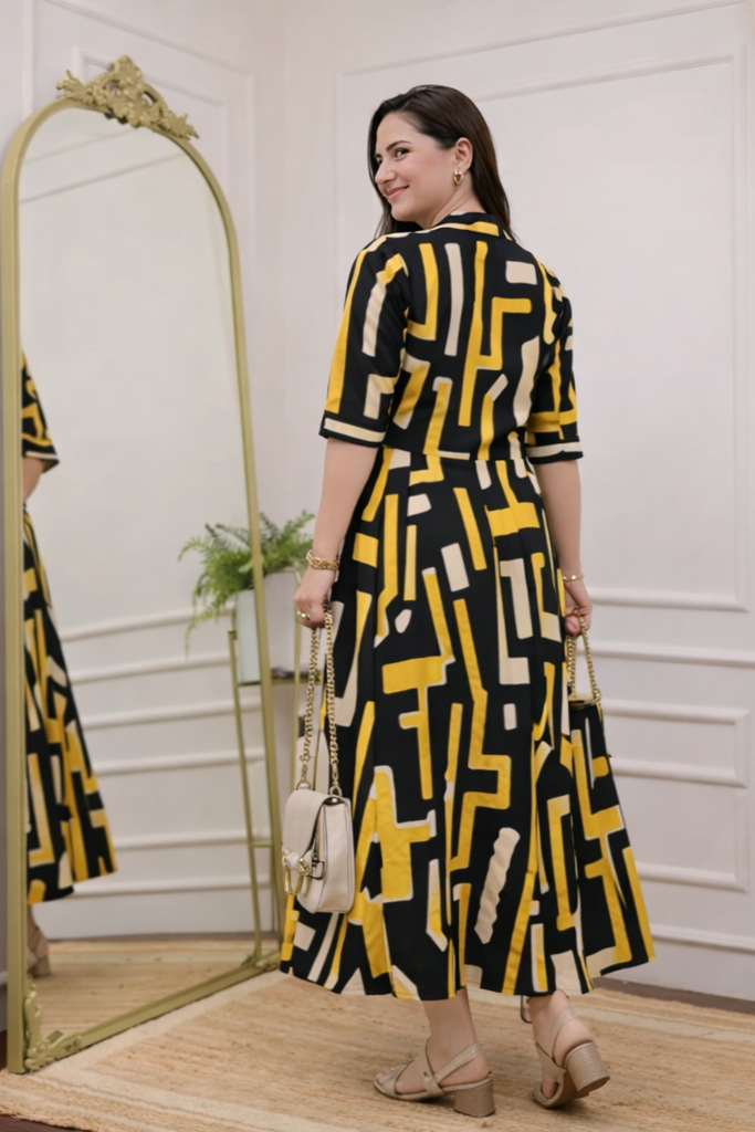 Multicolor Striped Rayon Women Midi Dress – Round Neck Flared Calf Length Stylish Daily Wear Dress