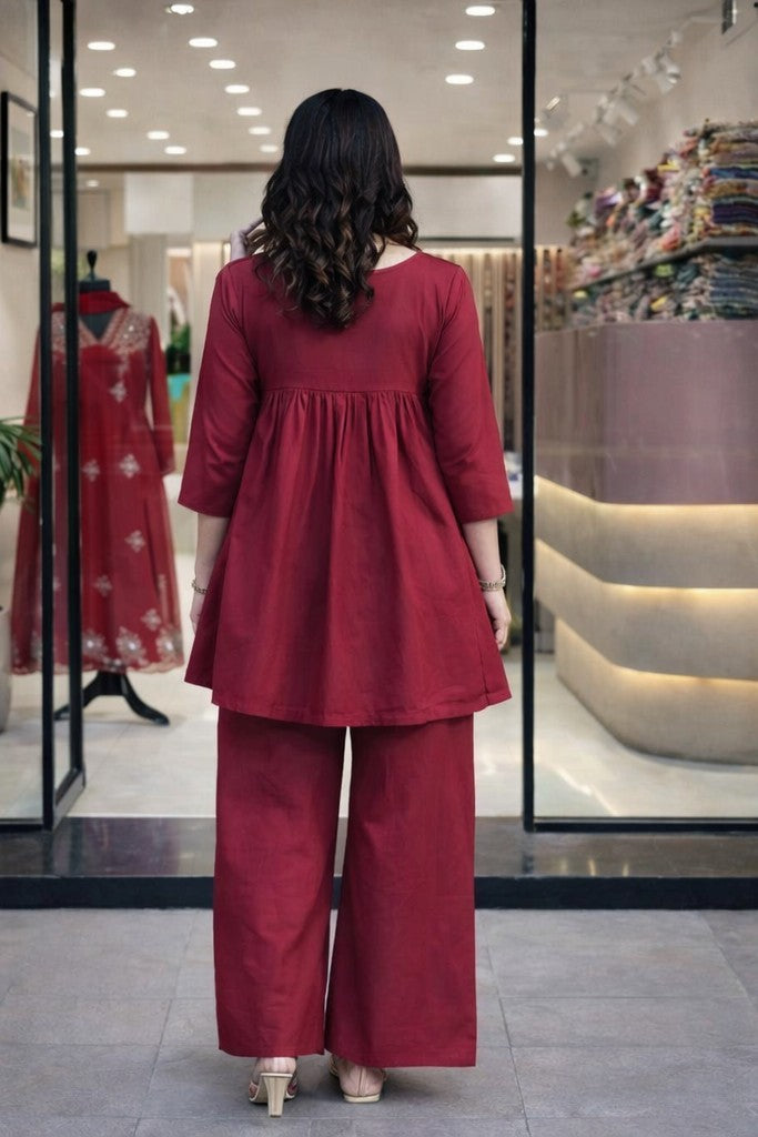 Floral Nova Maroon Embroidered Rayon Kurti Palazzo Set for Women | Party Wear Ethnic Kurta Set