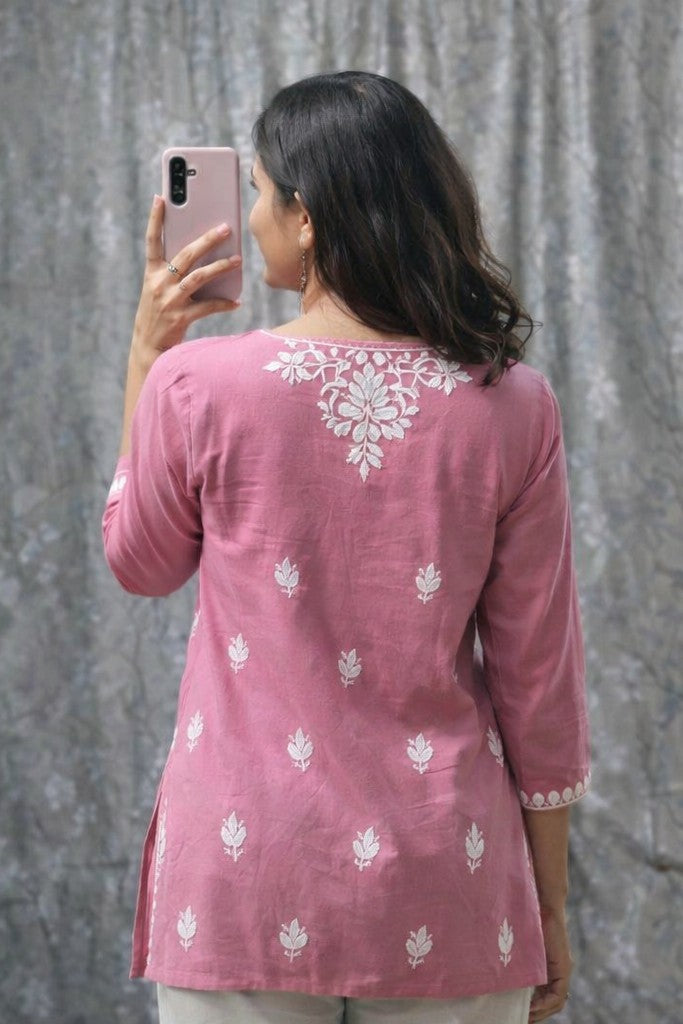 Women Pink Chikankari Short Kurti in Viscose Rayon | Floral Nova Embroidered Ethnic Top for Women