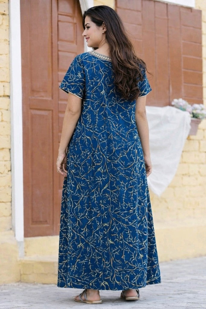 Floral Nova Women Teal Cotton Printed Maxi Dress with Embroidery | Casual & Everyday Long Dress for Women