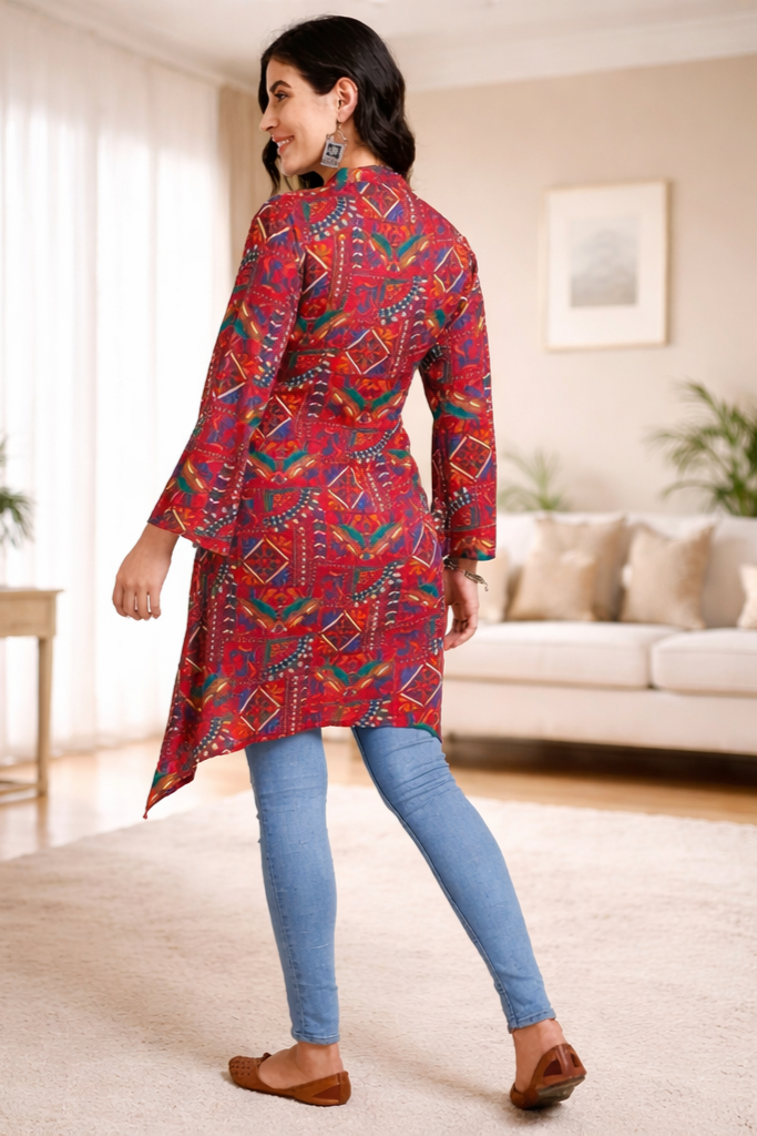 Maroon Printed Viscose Rayon Women Kurti – Mandarin Neck Bell Sleeve Stylish Daily Wear Kurti for Women