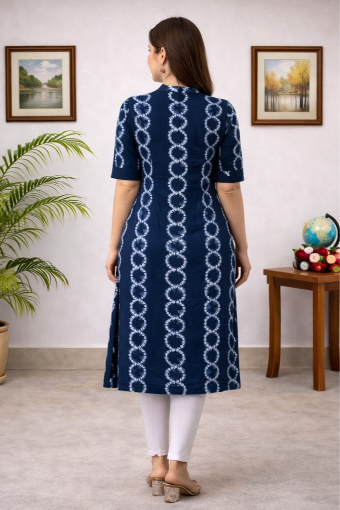Women’s Blue Ethnic Printed Rayon A-Line Kurti – Mandarin Collar, Calf Length | Floral Nova