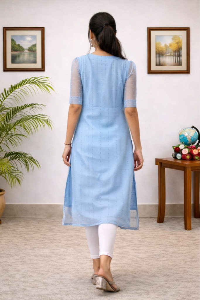 Women’s Aqua Blue Organza Kurti – Elegant A-Line Daily Wear | Floral Nova