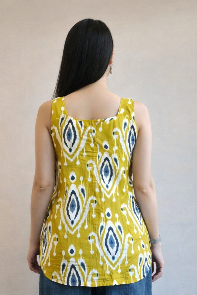Yellow Printed Sleeveless Calf Length Kurti for Women | Ethnic Daily Wear Kurti – Floral Nova