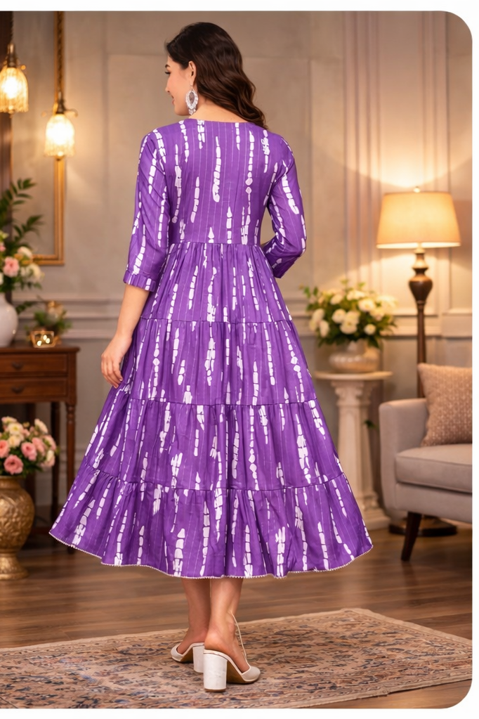 Purple Viscose Rayon Flared Kurti Dress for Women – Round Neck Embroidered Striped Calf Length Daily Wear Kurti