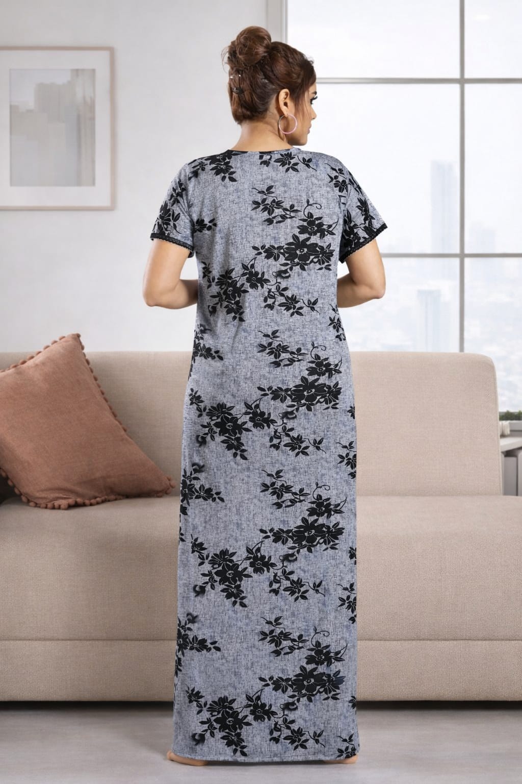 Floral Nova Grey Satin Floral Printed Maxi Dress for Women | V-Neck Short Sleeve Nightwear & Lounge Dress