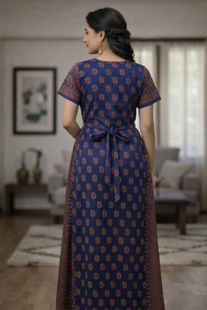 Floral Nova Women Blue Cotton Printed Maxi Nightdress | Soft Breathable Home Wear Long Gown