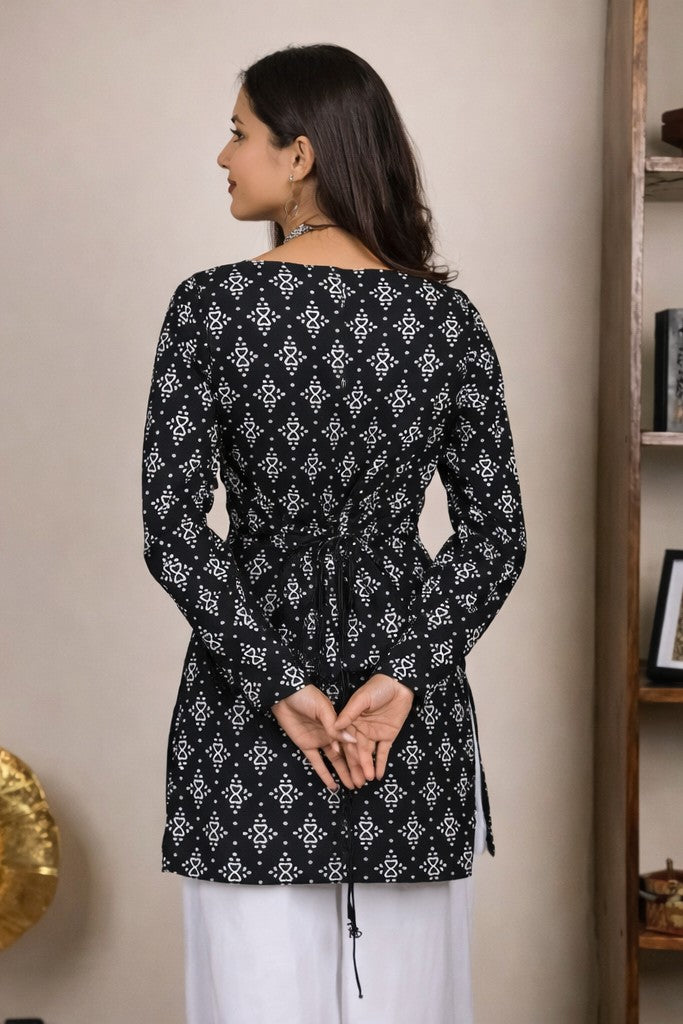 Women Black Printed Cotton Blend Short Kurti with Square Neck | Floral Nova Ethnic Top for Women