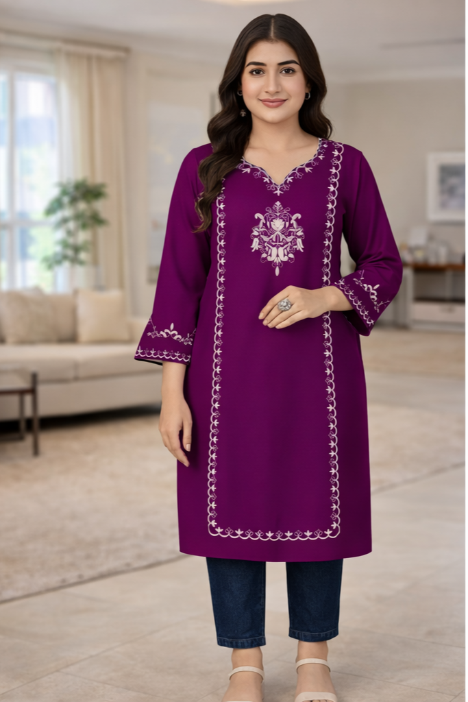 Women Purple Embroidered Rayon Kurti – V Neck A-Line Knee Length Daily Wear Kurti