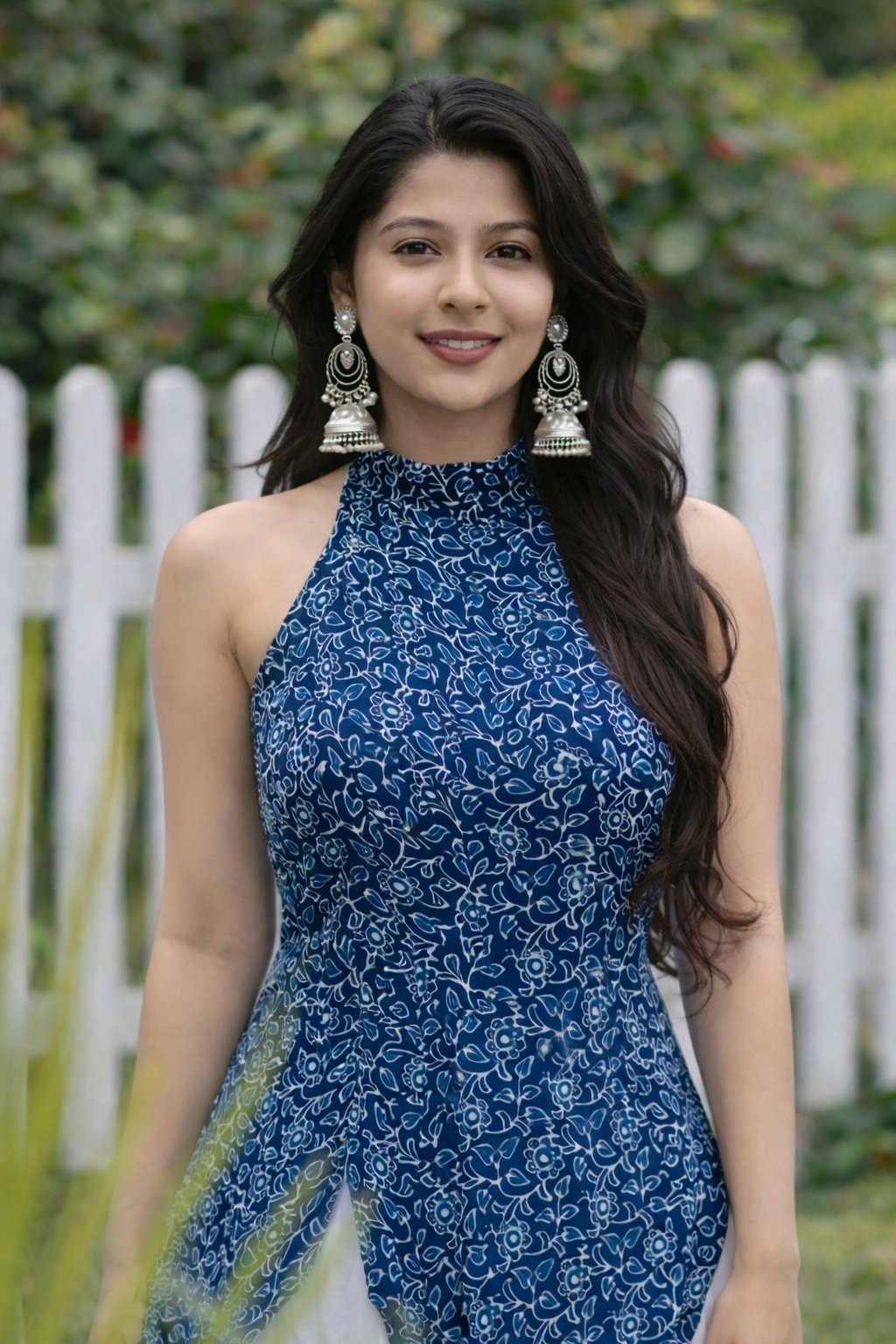 Women Blue Floral Rayon Sleeveless Short Kurti | Floral Nova Halter Neck Ethnic Top for Women