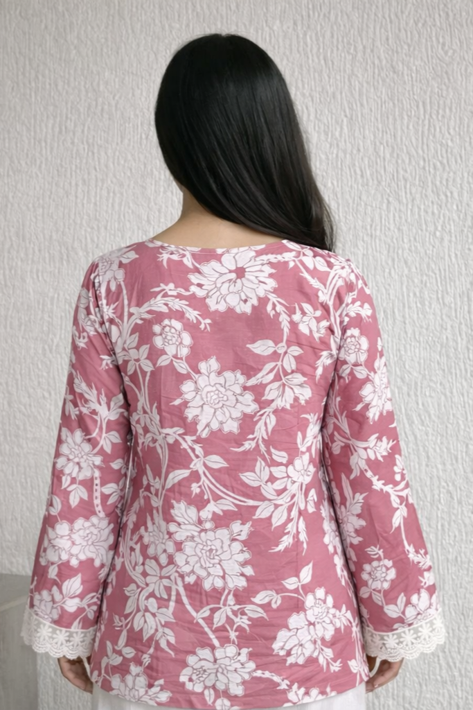 Pink Floral Cotton Blend Kurti for Women | A-Line Calf Length Daily Wear Kurti – Floral Nova