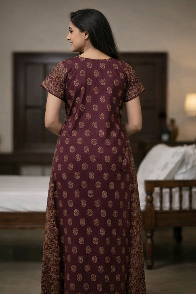 Floral Nova Women Maroon Cotton Printed Maxi Nightdress | Soft Comfortable Home Wear Gown