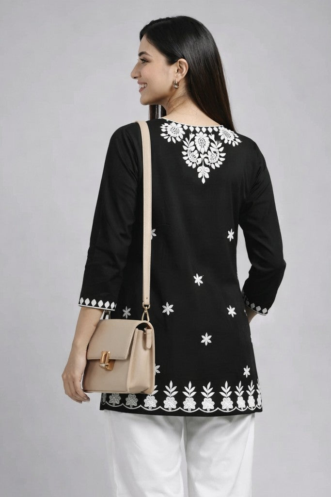 Floral Nova Black Embroidered Short Kurti for Women | Rayon Floral Tunic Top