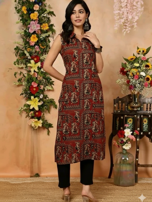 Floral Nova Women’s Maroon Paisley Printed Sleeveless Long Kurti | Stylish Straight Fit Ethnic Kurta for Casual, Office & Festive Wear