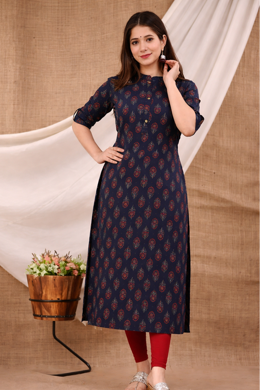 Floral Nova Women Navy Blue Cotton A-Line Printed Kurti | Ethnic Motif | 3/4 Sleeve | Daily Wear Stylish Calf Length Kurti