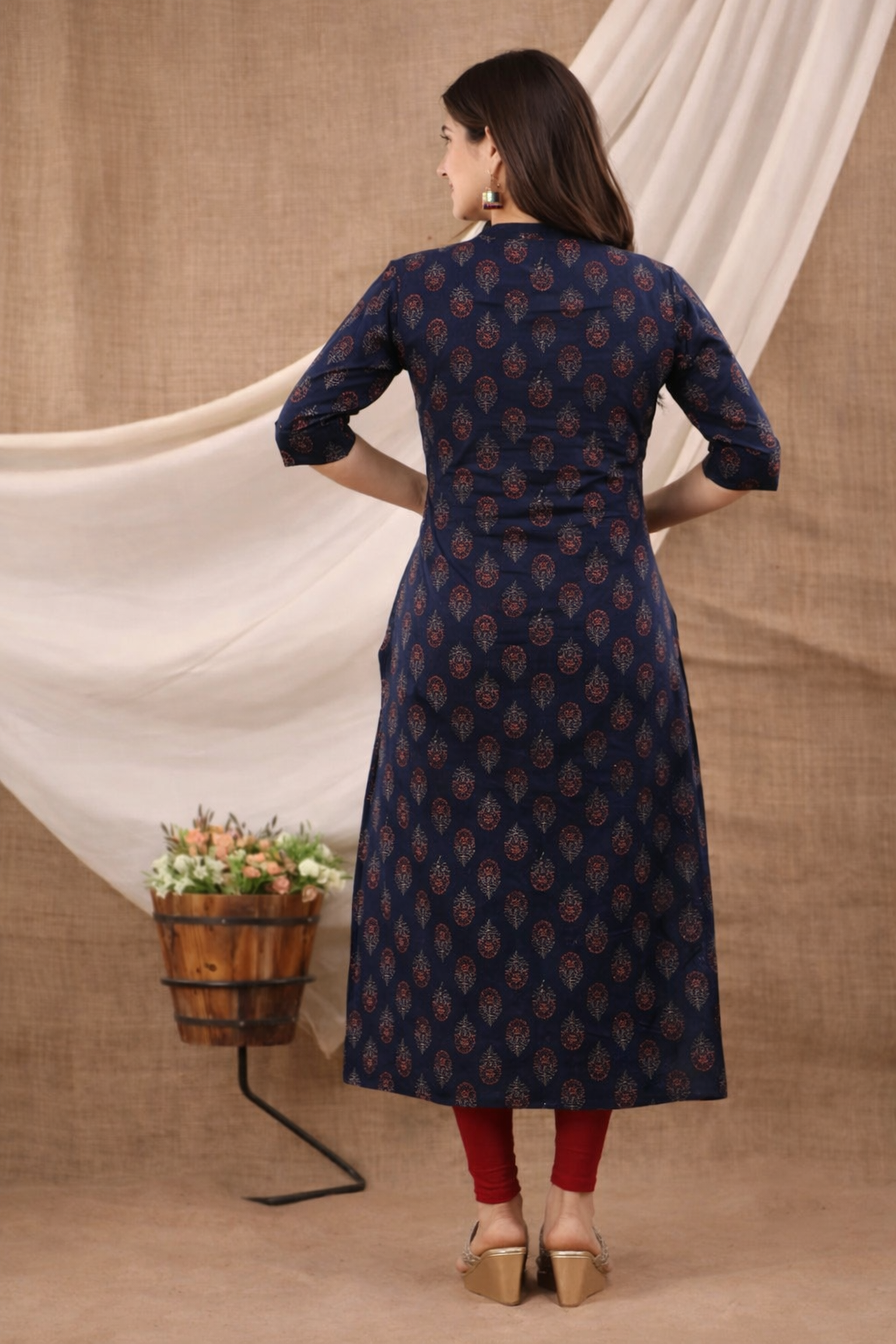 Floral Nova Women Navy Blue Cotton A-Line Printed Kurti | Ethnic Motif | 3/4 Sleeve | Daily Wear Stylish Calf Length Kurti