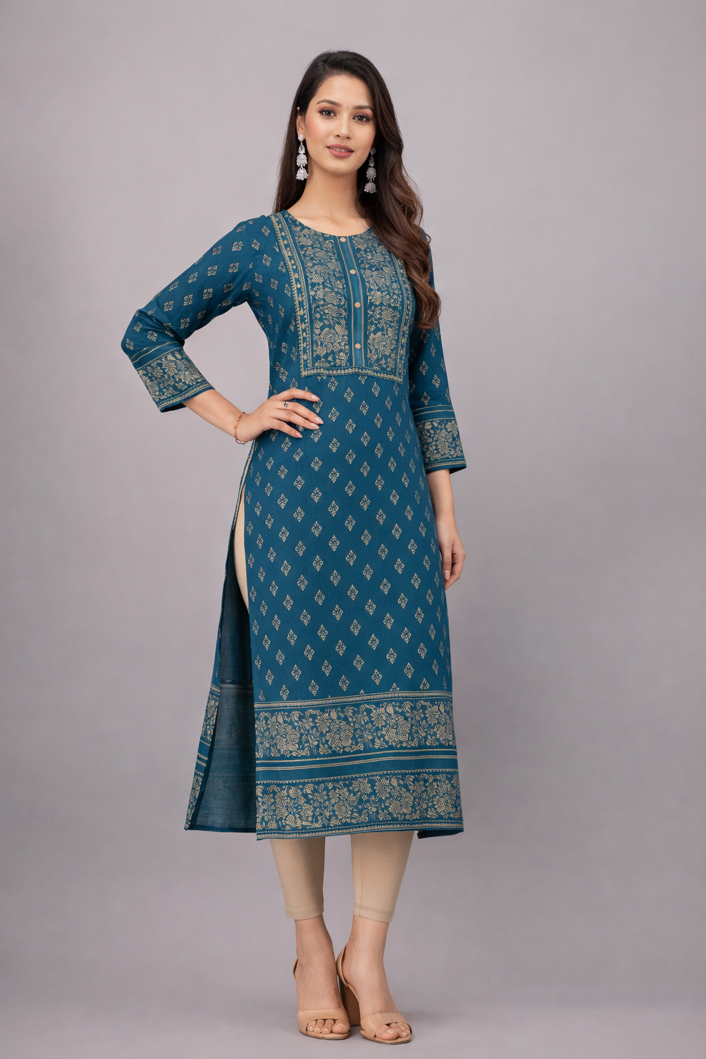 Floral Nova Women Aqua Blue Rayon A-Line Printed Kurti | Ethnic Motif | Round Neck | 3/4 Sleeve | Calf Length Party Wear Kurti