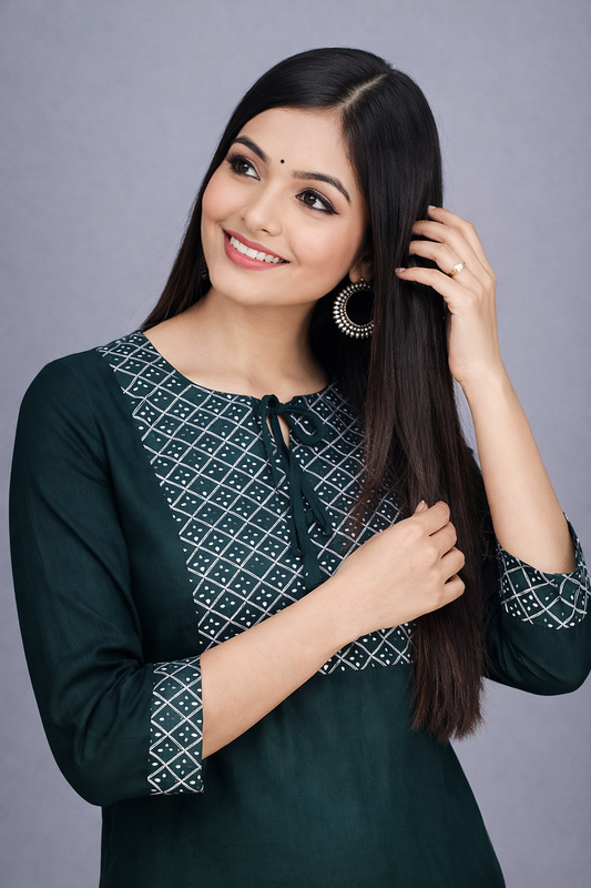 Floral Nova Women Green Rayon Embroidered Anarkali Kurti | Round Neck | 3/4 Sleeve | Knee Length Stylish Daily Wear Kurti