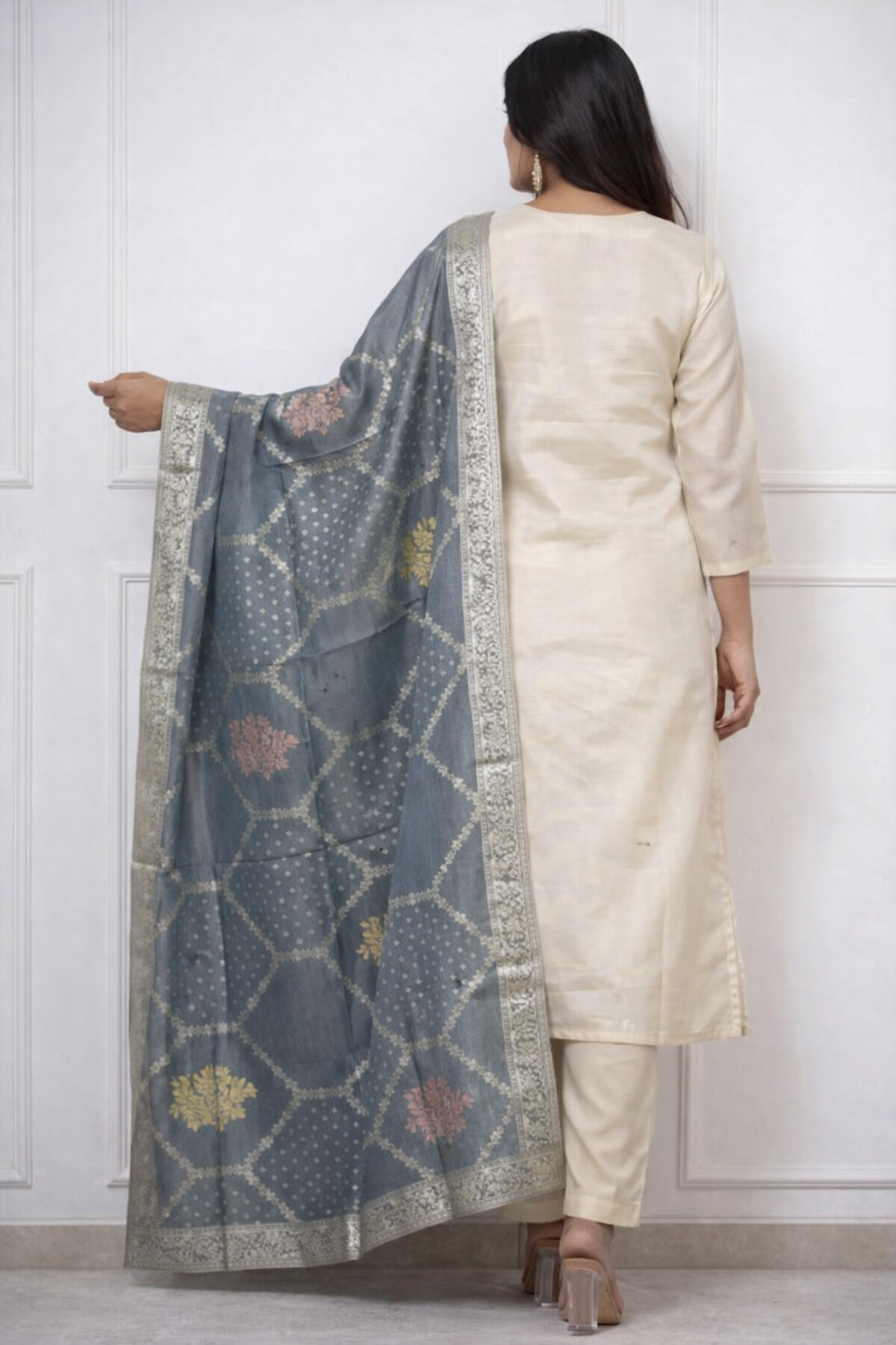 Floral Nova Women White Embellished Rayon Kurti Pant Dupatta Set | A-Line V-Neck Daily Wear Ethnic Kurti Set (Pack of 3)