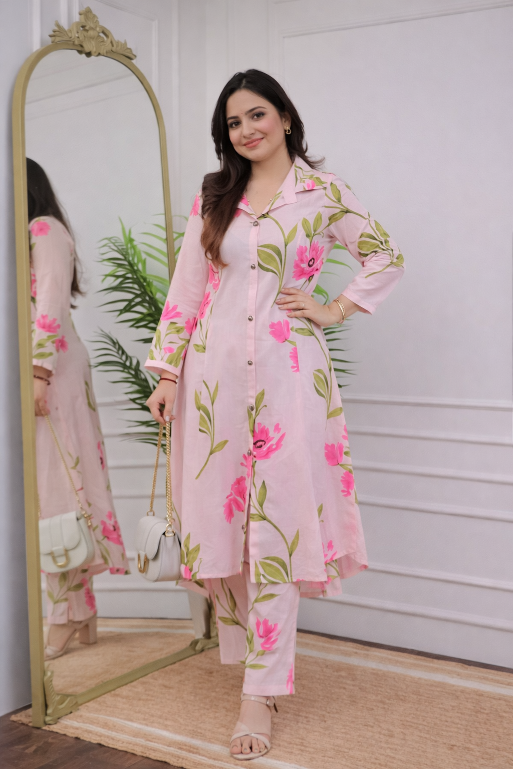 Floral Nova Women Pink Floral Printed Cotton Blend Kurti Pant Set | A-Line Shirt Style Daily Wear Kurta Set