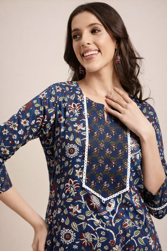 Floral Nova Women Multicolor Floral Cotton Slub Kurti Pant Set | A-Line Printed Daily Wear Ethnic Kurta Set