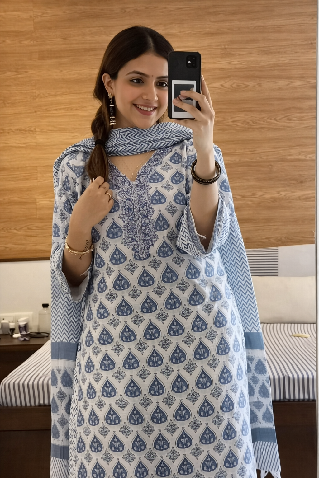 Floral Nova Women Blue Floral Cotton Kurti Pant Dupatta Set | A-Line Printed Daily Wear Ethnic Kurta Set (Pack of 3)