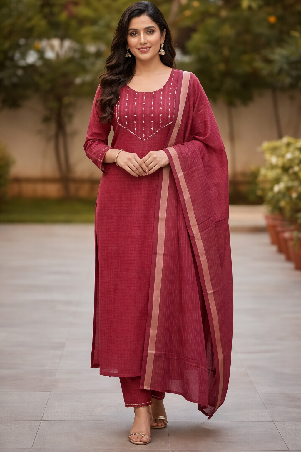 Floral Nova Women Maroon Cotton Blend Kurti Pant Dupatta Set | A-Line Self Design Ethnic Kurta Set with Lace Border