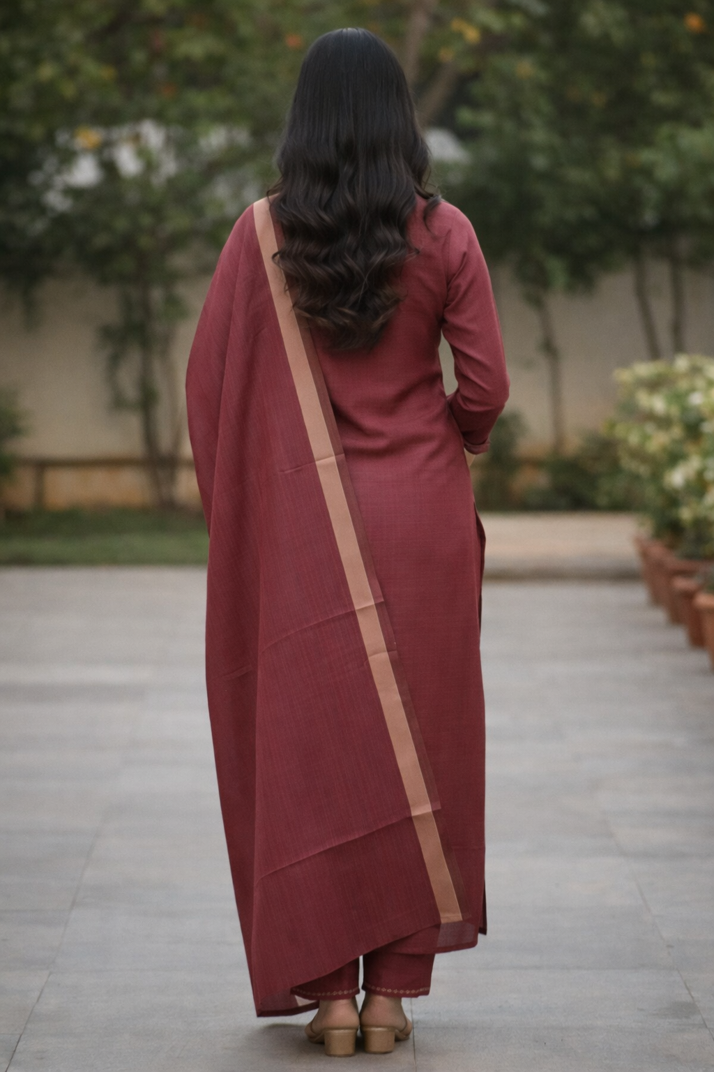 Floral Nova Women Maroon Cotton Blend Kurti Pant Dupatta Set | A-Line Self Design Ethnic Kurta Set with Lace Border