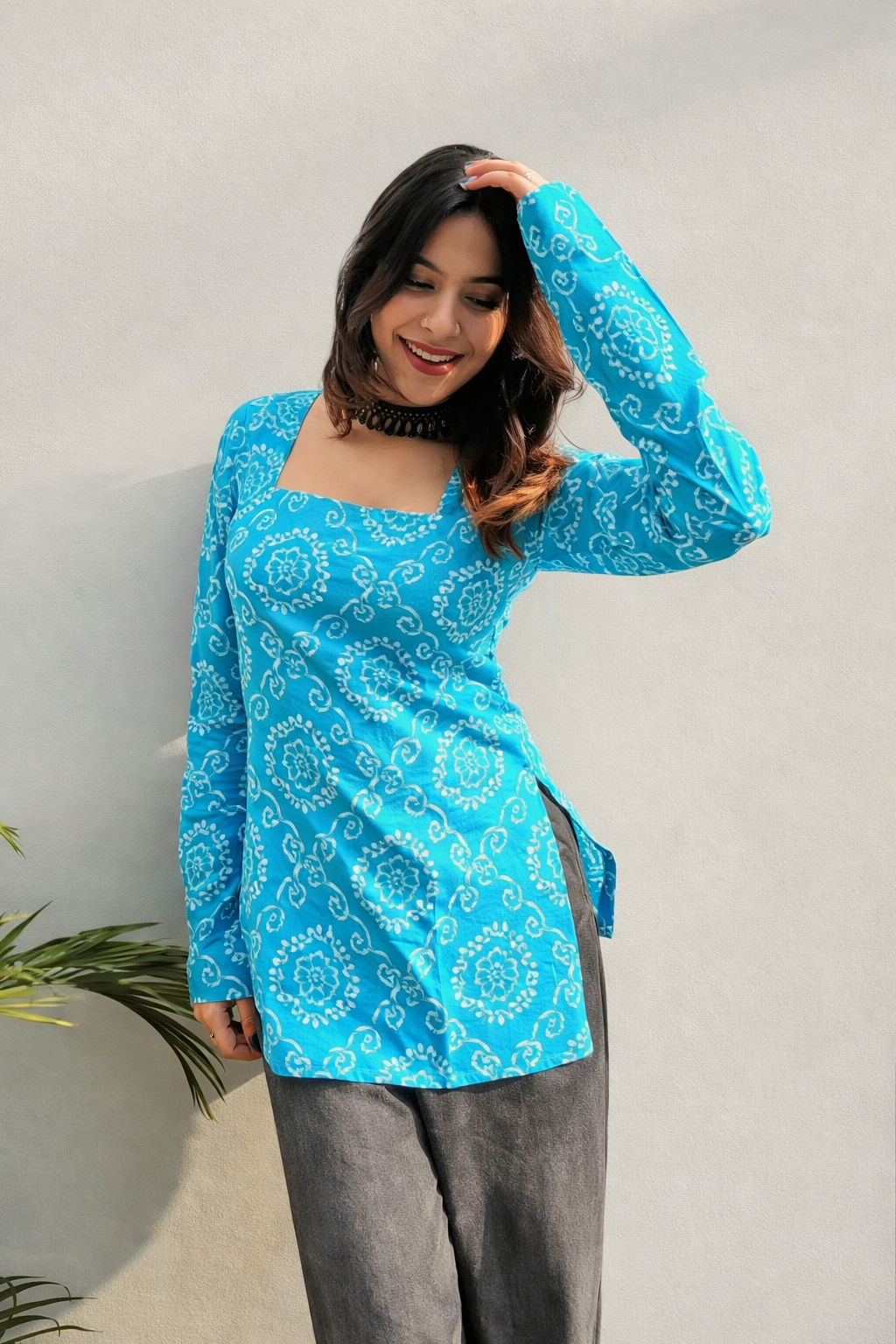 Floral Nova Women Blue Rayon Floral Printed Short Kurti | Square Neck Embroidered Casual Daily Wear Top Kurti