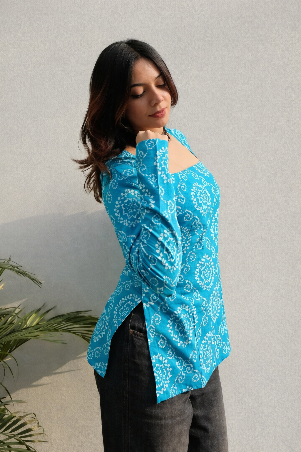 Floral Nova Women Blue Rayon Floral Printed Short Kurti | Square Neck Embroidered Casual Daily Wear Top Kurti