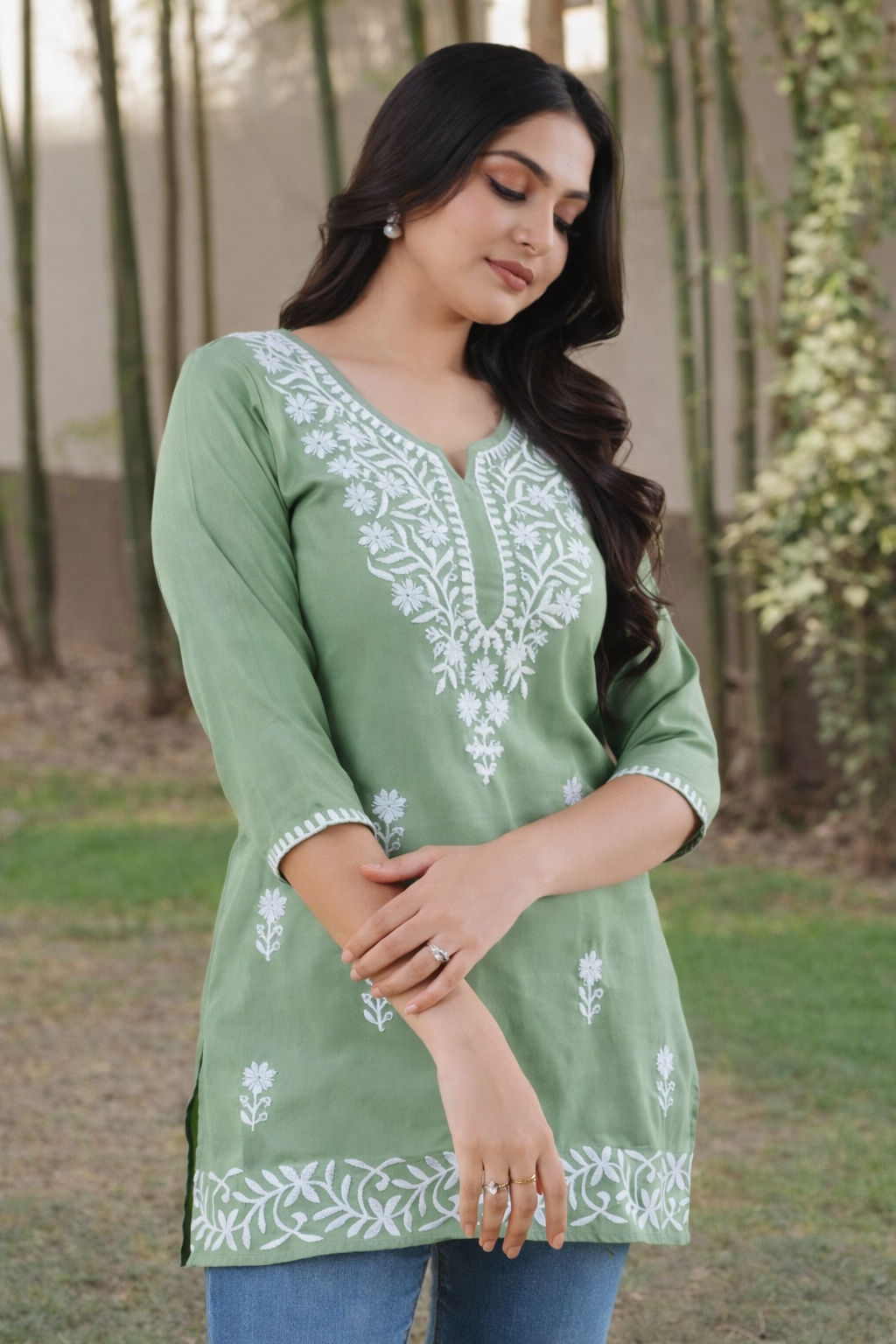 Floral Nova Women Embroidered Cotton Blend Short Kurti | Floral Notch Neck Casual Daily Wear Ethnic Top