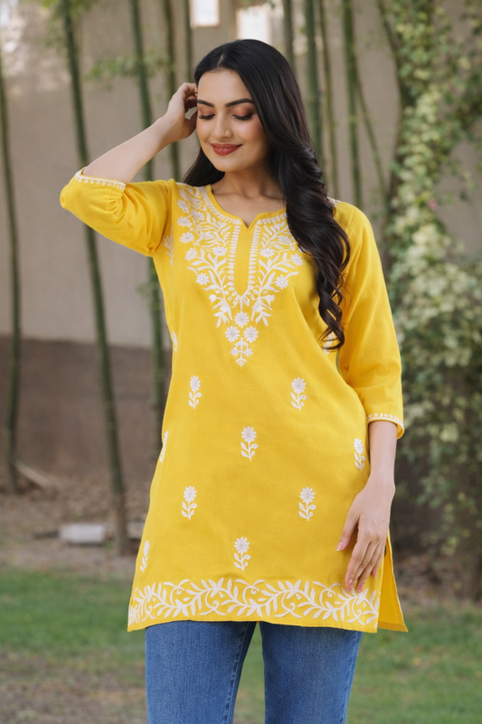 Floral Nova Women Embroidered Cotton Blend Short Kurti | Floral Notch Neck Casual Daily Wear Ethnic Top