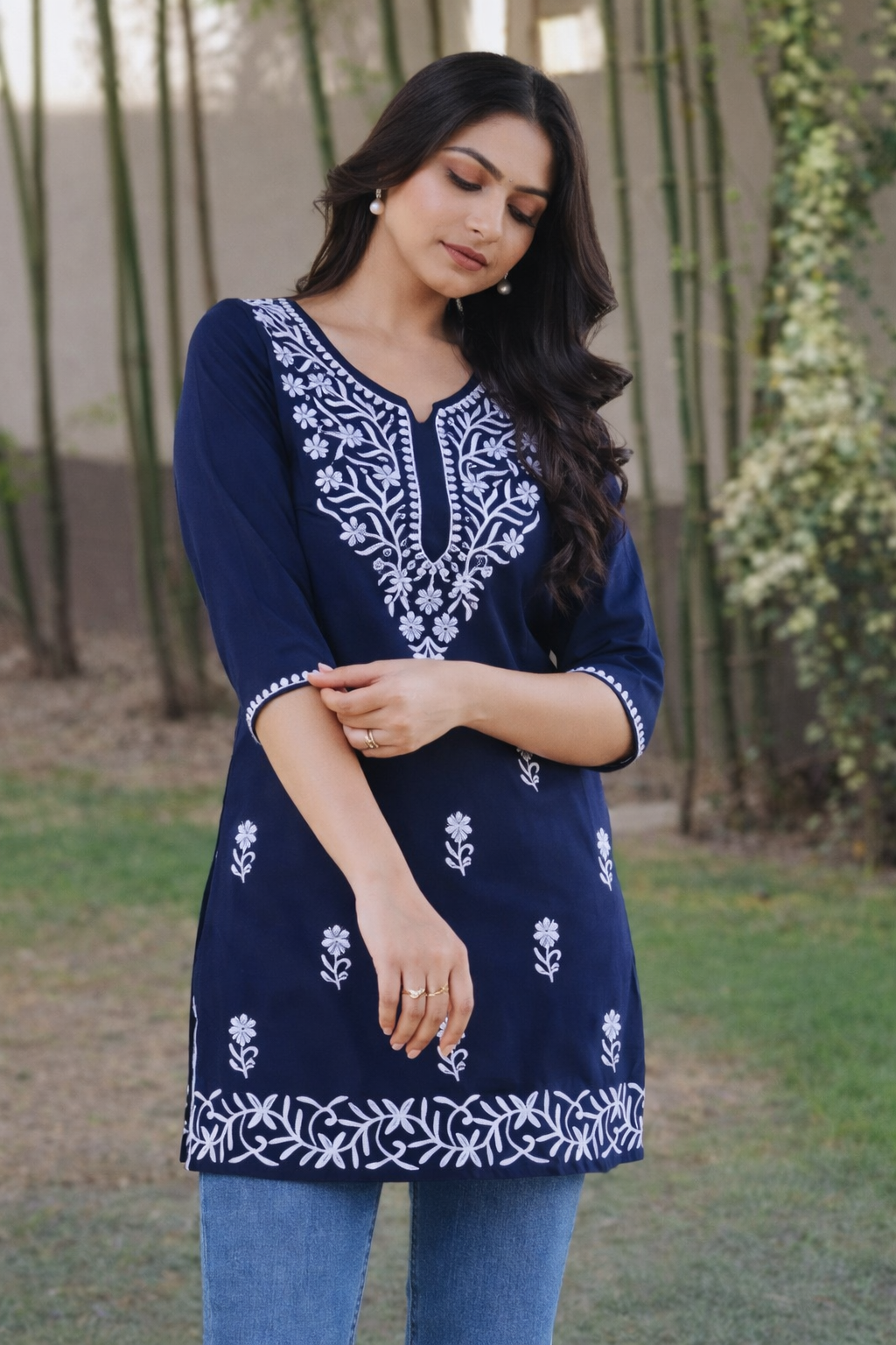 Floral Nova Women Embroidered Cotton Blend Short Kurti | Floral Notch Neck Casual Daily Wear Ethnic Top
