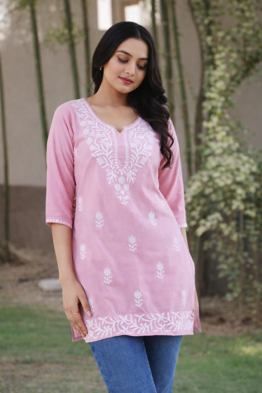 Floral Nova Women Embroidered Cotton Blend Short Kurti | Floral Notch Neck Casual Daily Wear Ethnic Top