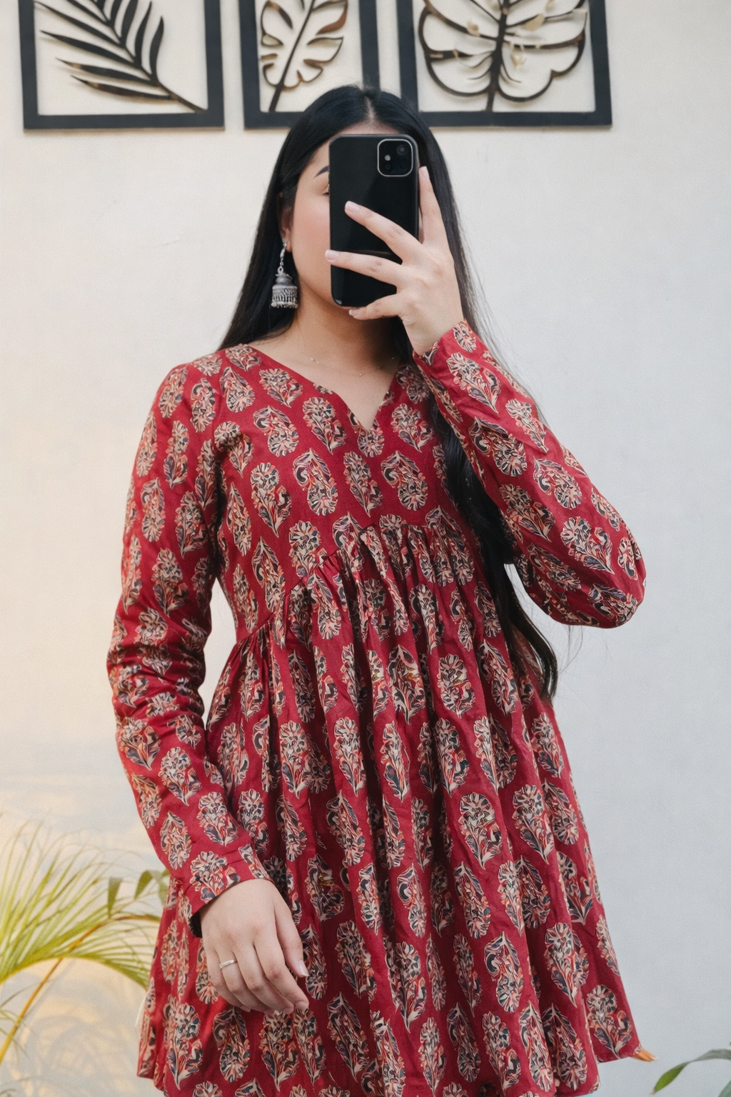 Floral Nova Women Maroon Rayon Printed Short Kurti | V-Neck Floral Casual Daily Wear Long Sleeve Kurti Top