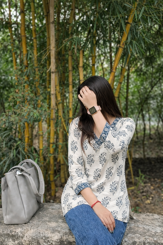 Floral Nova Women White Rayon Paisley Printed Short Kurti | Round Neck Casual Daily Wear Ethnic Top for Jeans