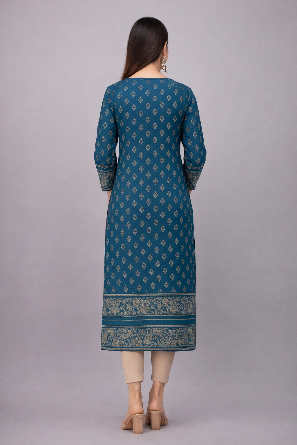 Floral Nova Women Aqua Blue Rayon A-Line Printed Kurti | Ethnic Motif | Round Neck | 3/4 Sleeve | Calf Length Party Wear Kurti