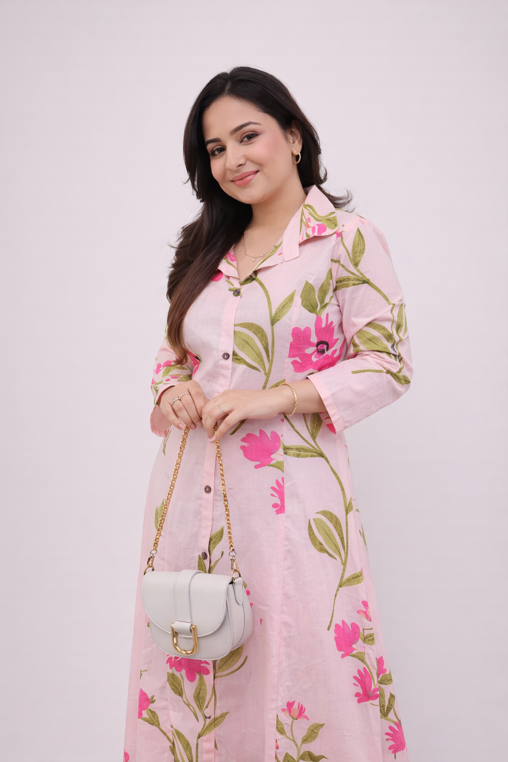 Floral Nova Women Pink Floral Printed Cotton Blend Kurti Pant Set | A-Line Shirt Style Daily Wear Kurta Set