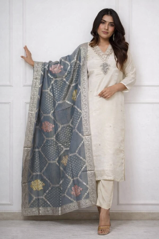 Floral Nova Women White Embellished Rayon Kurti Pant Dupatta Set | A-Line V-Neck Daily Wear Ethnic Kurti Set (Pack of 3)