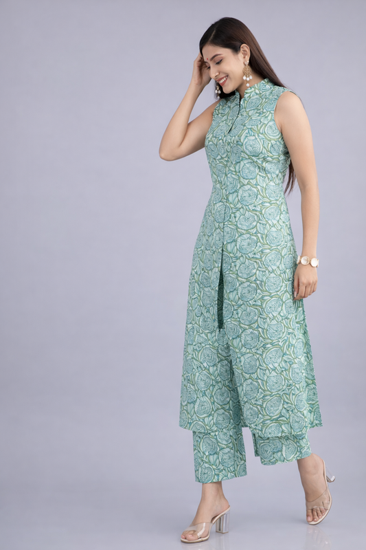 Floral Nova Women Aqua Blue Rayon Printed Sleeveless Kurti Palazzo Set | A-Line Mandarin Neck Party Wear Kurta Pant Set