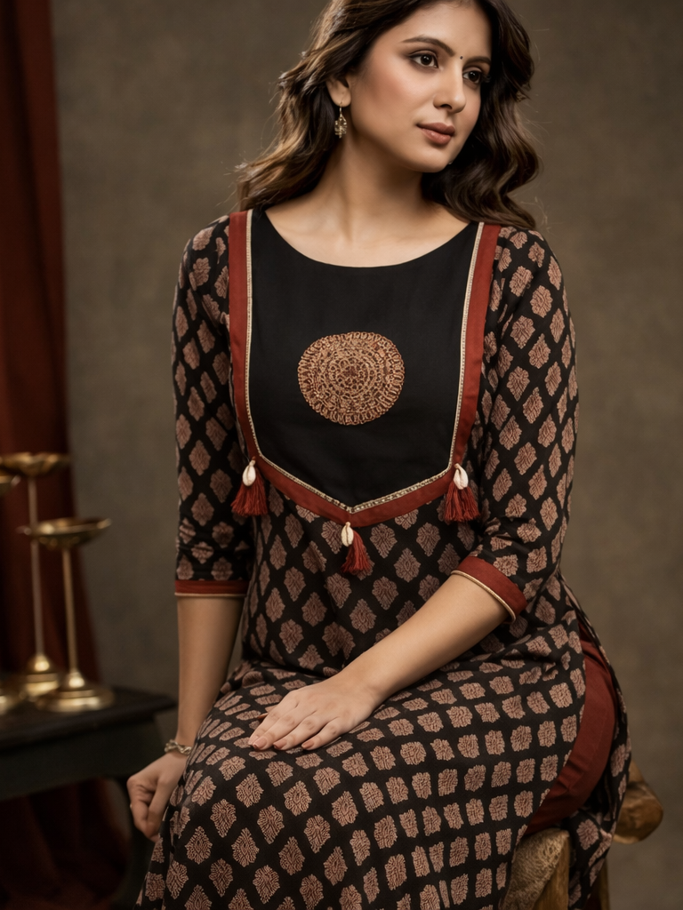 Floral Nova Women’s Black & Maroon Printed Ethnic Kurti | Elegant Traditional Festive Wear Kurta for Ladies