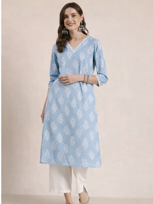 Floral Nova Women’s Light Blue Printed Cotton Kurti | Soft Pastel Straight Fit Ethnic Kurta for Summer, Office & Daily Wear