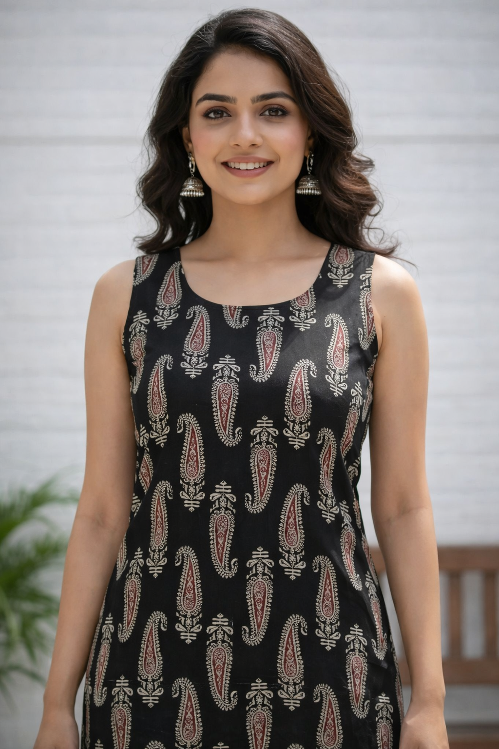 Floral Nova Trendy Ajrak Print Sleeveless Cotton Kurti for Women | Round Neck | Daily & Office Wear