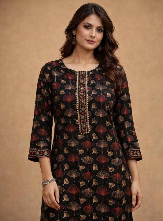 Floral Nova Women’s Black Floral Printed Cotton Kurti | Elegant Straight Fit Ethnic Kurta for Daily & Festive Wear