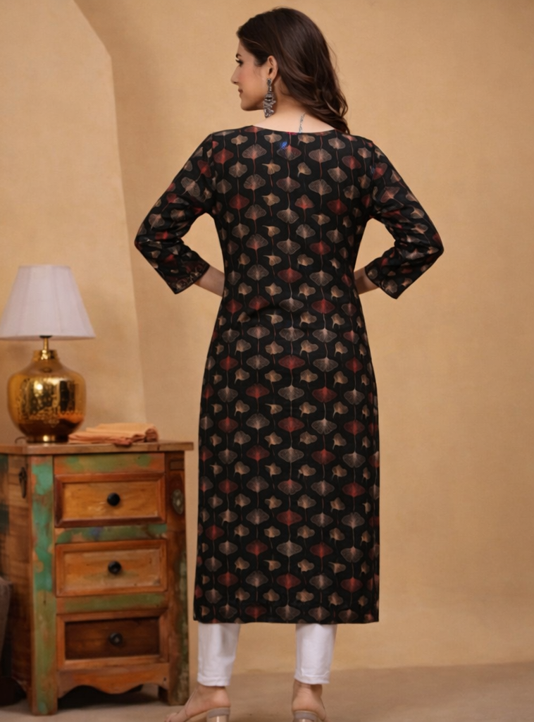Floral Nova Women’s Black Floral Printed Cotton Kurti | Elegant Straight Fit Ethnic Kurta for Daily & Festive Wear
