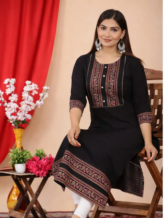 Floral Nova Women’s Black Embroidered Cotton Kurti | Elegant Straight Fit Ethnic Kurta for Office, Festive & Daily Wear