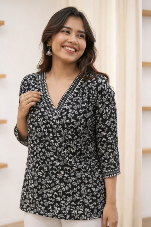 Black Floral Rayon Short Kurti for Women – V-Neck Party Wear | Floral Nova